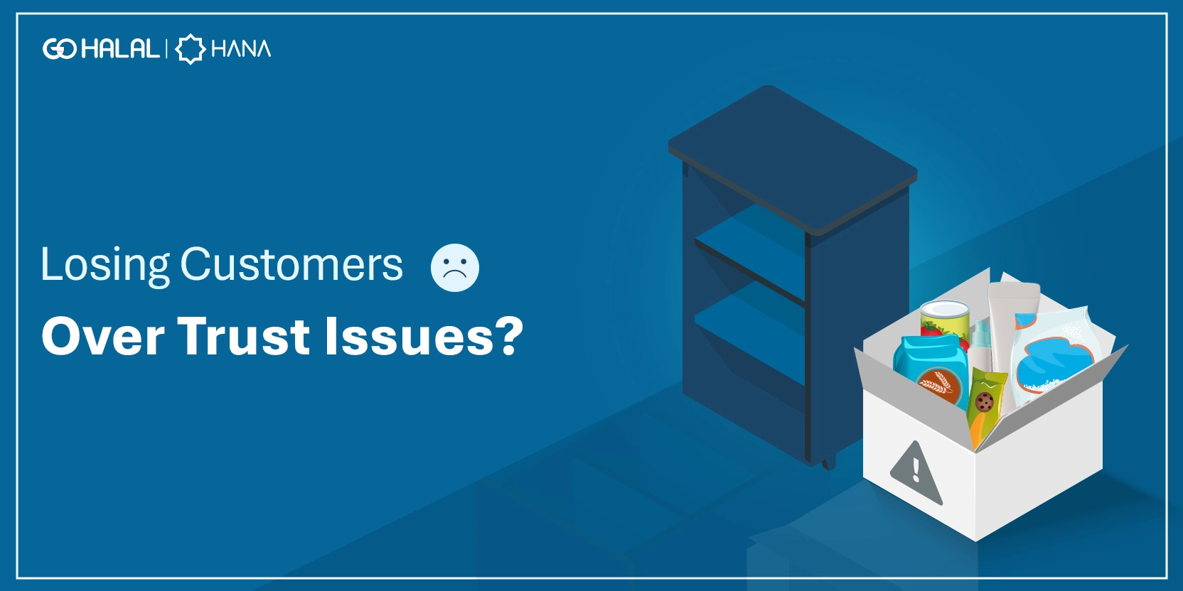 illustration symbolizing customer loss due to lack of trust, represented by an empty shelf and a box of returned or rejected products.