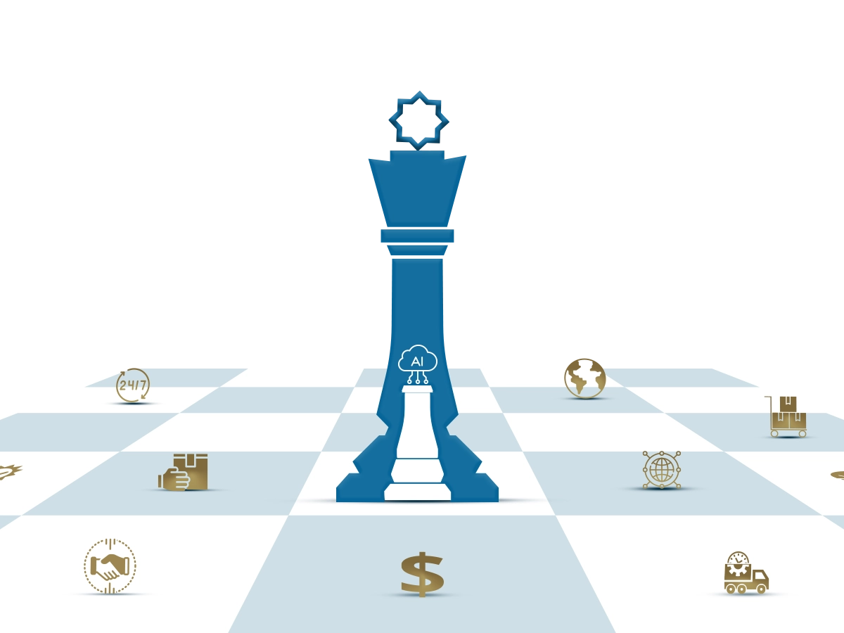Blue chess king with Hana Logo and a white AI rook piece surrounded by golden business icons on a chessboard