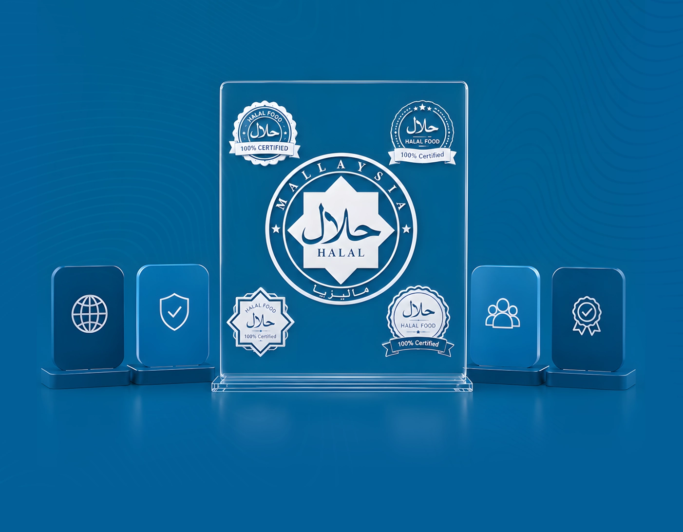 splay of official Malaysia Halal certification seals and business excellence trophies against a solid blue background