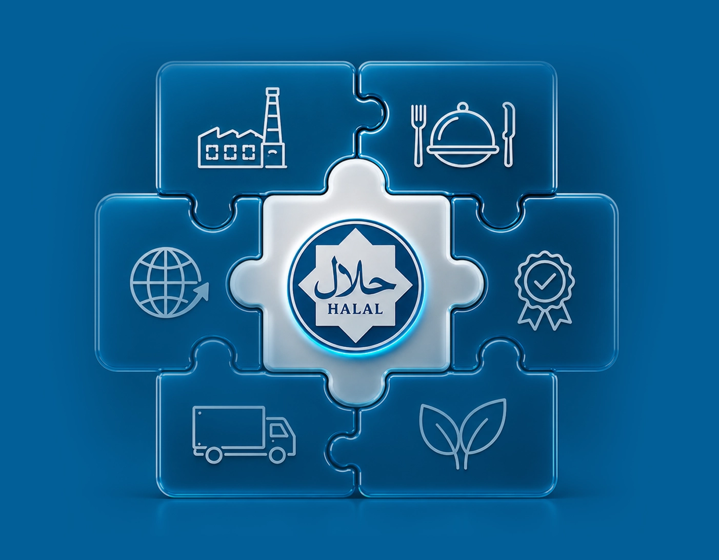 3D blue puzzle graphic centered on a Halal certification mark, with connected pieces representing manufacturing, logistics, dining, global trade, and sustainability standards.